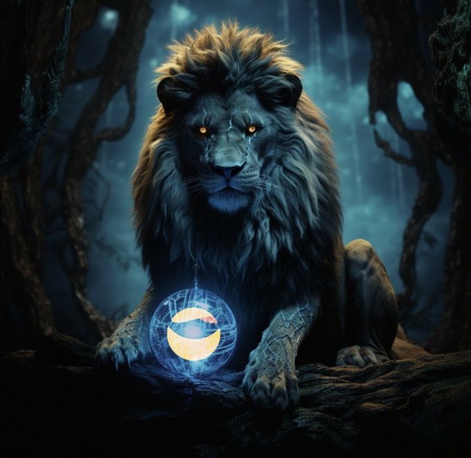 A digital artwork of a lion in a dark forest setting, holding its paw over a glowing blue sphere containing an Ethereum logo.