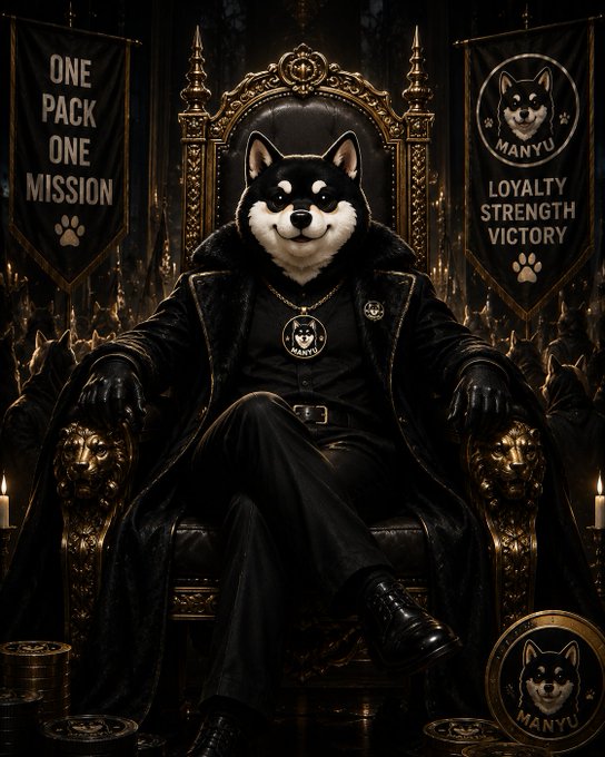 An AI-generated image of a black and white Shiba Inu dog dressed in an elegant black fur-lined coat, sitting on an ornate throne with banners reading 'ONE PACK ONE MISSION' and 'LOYALTY STRENGTH VICTORY' for 'MANYU'.