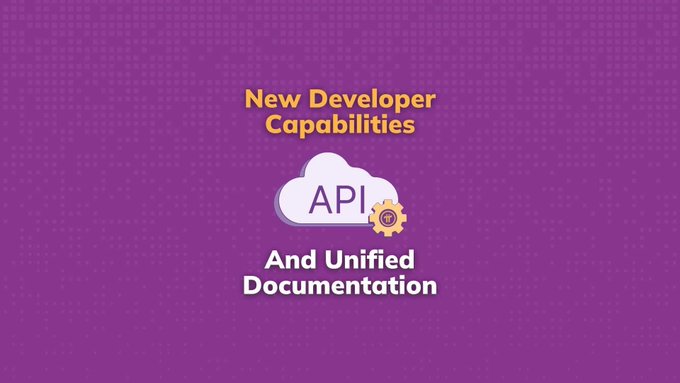 The image features a purple halftone-dot background with bold yellow and white text announcing "New Developer Capabilities" and "And Unified Documentation," alongside a cloud icon labeled "API" with an orange gear, visually highlighting Pi Network's latest developer-focused update and improved tools for building Web3 apps.