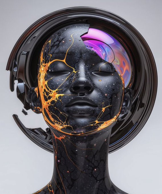 A surreal digital artwork depicts a serene black humanoid figure adorned with glowing orange cracks across its face and neck, encased within a glossy black circular frame with iridescent purple and pink hues on one side. The figure's cosmic, fractured appearance—blending themes of inner reflection and transformation—complements the post's reflective, peaceful sign-off about resting and appreciating ongoing progress with the Quip Network community.