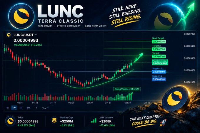 A dark promotional crypto chart for “LUNC Terra Classic” shows “LUNC/USDT” at “0.00004993,” with green price targets, “Rising Volume = Strength,” and the slogans “STILL HERE. STILL BUILDING. STILL RISING.” and “THE NEXT CHAPTER... COULD BE BIG.”