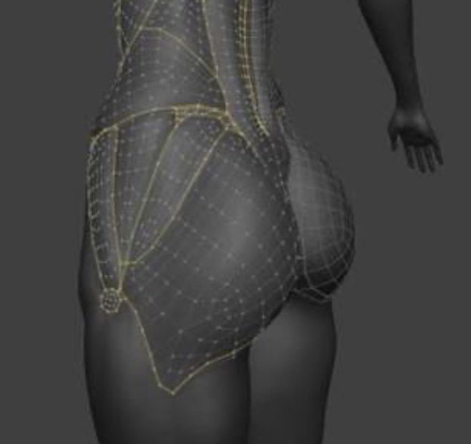3D model rendering of a female figure wearing a form-fitting dark bodysuit with intricate geometric patterns and a decorative pendant detail.