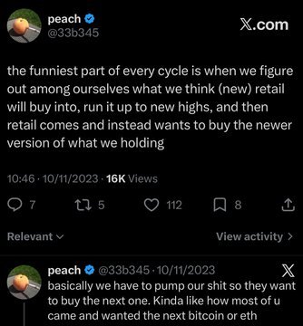 A screenshot of two tweets from user @33b345 (peach) posted on 10/11/2023, with the first tweet (16K views) humorously observing that retail investors always chase newer assets and abandon older holdings, while the second tweet discusses how early-cycle performers don't typically outperform but remain relevant for later rotations.