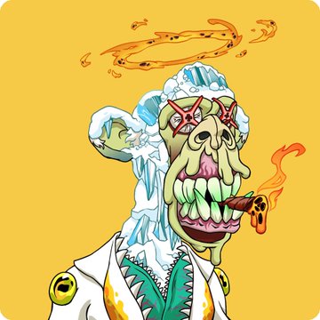 A colorful illustration of a zombie-like character with a long white beard, star-shaped sunglasses, and a cigar, wearing a white and green outfit against a yellow background.