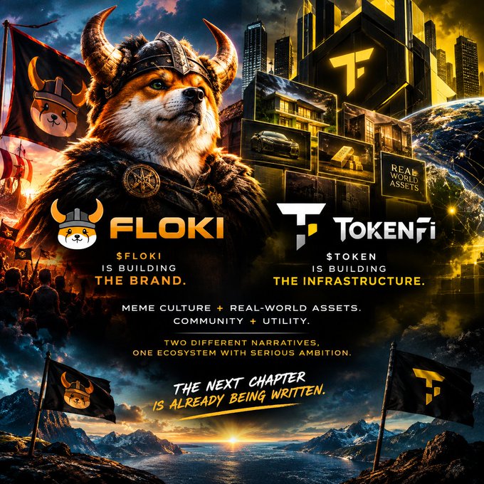 A dramatic promotional image featuring a Viking-armored Shiba Inu dog (FLOKI) alongside futuristic cityscapes and real-world asset displays representing TOKENFI, with text stating "$FLOKI IS BUILDING THE BRAND" and "$TOKENFI IS BUILDING THE INFRASTRUCTURE," unifying under the tagline "Meme Culture + Real-World Assets. Community + Utility. Two Different Narratives, One Ecosystem With Serious Ambition." The visual contrasts meme culture heritage with RWA utility to embody the post's theme of community and ambition moving together to attract attention.