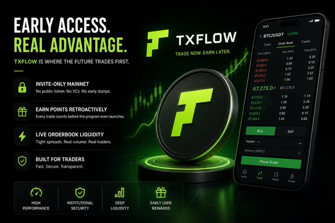 A promotional graphic for TXFLOW featuring the tagline "Early Access. Real Advantage." highlights an invite-only mainnet with no public token or VCs, alongside a smartphone mockup showing a BTC/USDT order book at $67,275.0, reinforcing the post's emphasis on getting in early before mainstream attention arrives.