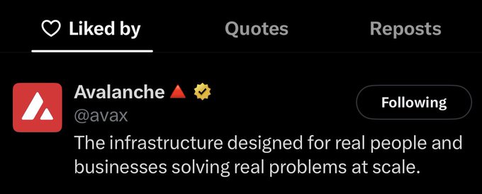 The image shows a screenshot from X (formerly Twitter) displaying the "Liked by" section, where Avalanche (@avax) is the account that liked the post. The accompanying caption sarcastically notes that @SuiNetwork never liked the post, but Avalanche did, prompting the user to "full port into $AVAX."