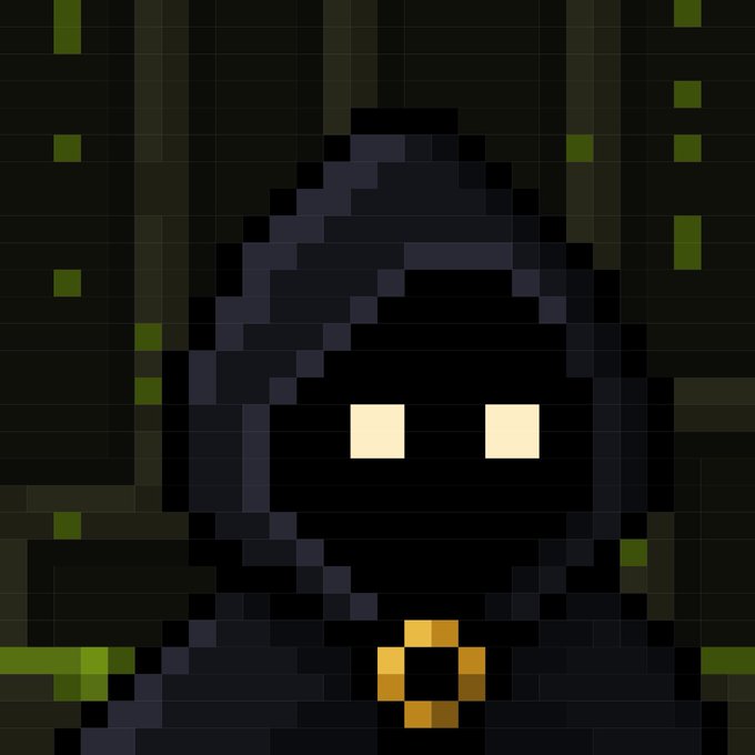 A pixel art rendering of a shadowy hooded figure with glowing pale yellow eyes and a golden emblem on its chest, set against a dark green, forest-like background.