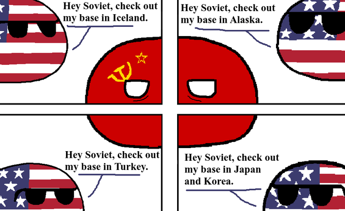 This is a four-panel Countryball meme where the U.S. ball taunts the Soviet Union ball by showing off American military bases in Iceland, Alaska, Turkey, and Japan/Korea.

The meme illustrates U.S. military encirclement during the Cold War, which contrasts with the post's message about shifting market fundamentals—suggesting that just as strategic positioning (bases around the Soviet Union) ultimately matters more than surface-level conflict, real underlying development ("volume shifting into real projects") outweighs short-term speculation ("green candles").