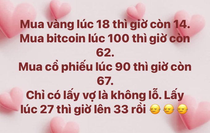 A humorous Vietnamese meme on a pink heart background joking about buying gold, bitcoin, stocks, and a wife, implying that only the wife is a good investment.