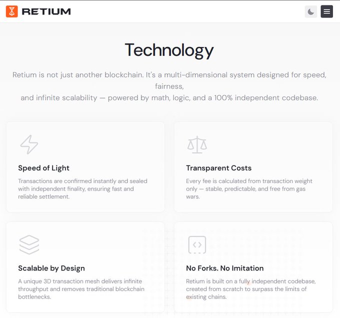 The 'Technology' section of the Retium blockchain website, highlighting features: 'Speed of Light' (instant confirmed transactions), 'Transparent Costs' (fees based on transaction weight), 'Scalable by Design' (3D transaction mesh), and 'No Forks. No Imitation' (independent codebase).