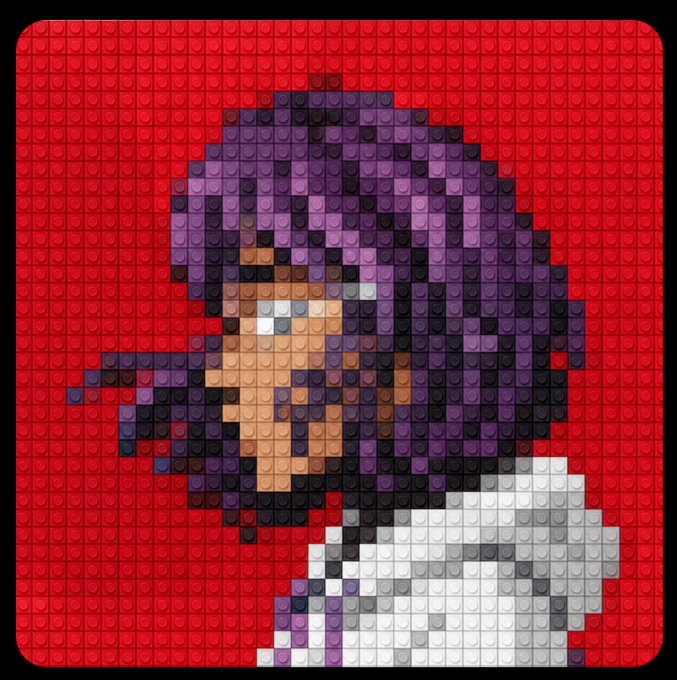 A pixel art LEGO portrait of a purple-haired figure on a red background, accompanying a post about creating an extra "Legend" NFT from a limited collection of 2222, teasing the artist @themeowbrix about their "Meowbrix" Ethereum NFT series.