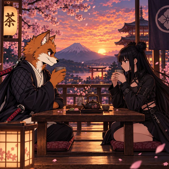 An anime-style illustration of a kitsune (fox samurai) and a black-haired girl in dark clothing sitting across from each other at a low table drinking tea, with Mount Fuji, cherry blossoms, and a pagoda visible in the sunset background, and a paper lantern marked with '茶' (tea).