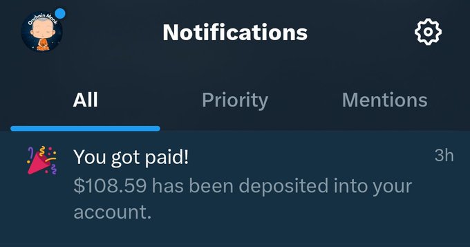 The image shows a text chat conversation between two people, with one person expressing gratitude towards the other by showing them an alert that says "You got paid!". The second person's account details are described as being depreciated into their account. This indicates that the person who posted about it is likely in a financial situation and has just received $108.59 as payment.