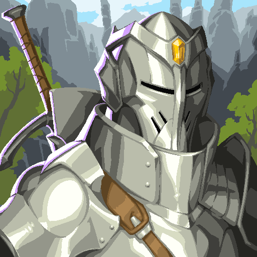 A digital illustration depicts a knight in full silver armor holding a sword, standing before a forested mountain landscape.