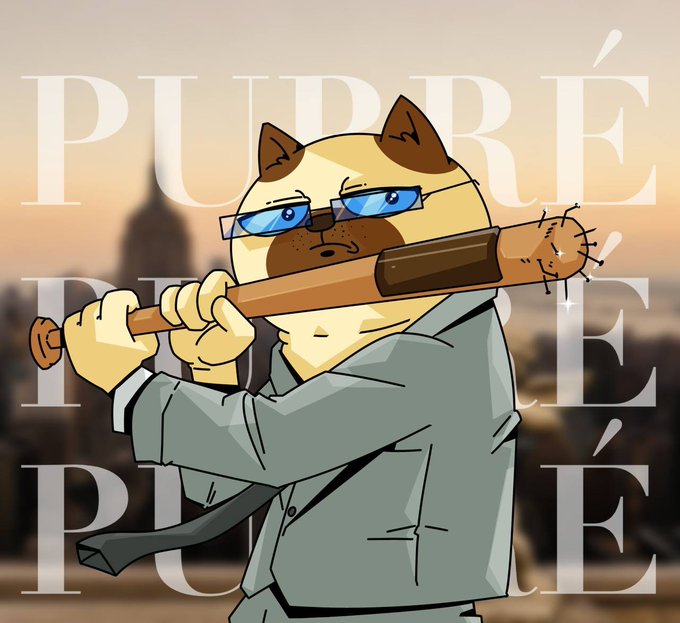 An anthropomorphic Siamese-style cat wearing blue-tinted sunglasses and a gray suit brandishes a wooden baseball bat wrapped in barbed wire, set against a blurred city skyline at sunset. Large translucent text reading "PURRÉ" is repeated across the image, reinforcing the brand from the post, which announces today's mint of "Purré" NFT art on the Robinhood chain at 2 PM UTC with a supply of 3,434.