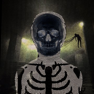 A surreal black and white image depicts a humanoid figure with a swirling, spiral-patterned head standing in a dark tunnel, with a small silhouetted figure floating nearby.