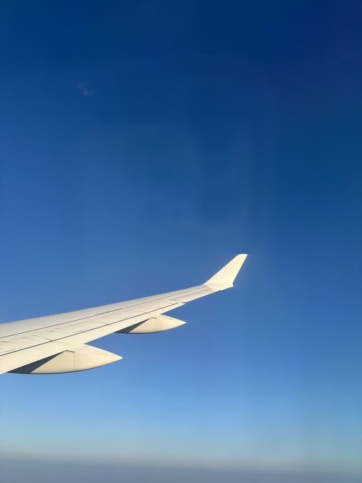 A view from an airplane window showing the white wing against a clear blue sky.