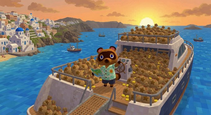 A screenshot from Animal Crossing showing the character Tom Nook standing on a boat filled with stacks of bells, set against a Greek island backdrop at sunset.