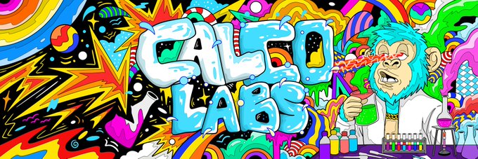 A vibrant, psychedelic banner for 'CALI LABS' featuring a blue-haired monkey scientist in a lab coat surrounded by colorful bubbles, beakers, and test tubes.