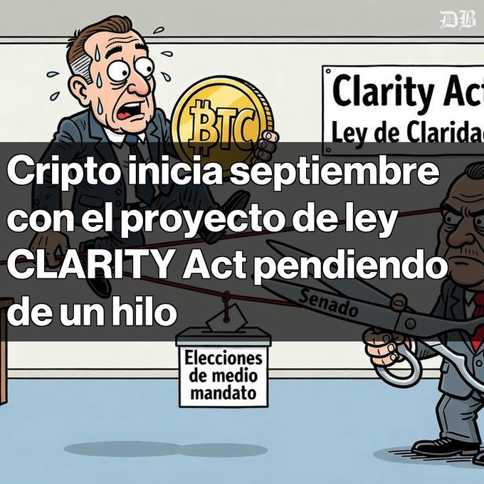 A cartoon illustration with Spanish text reading 'Cripto inicia septiembre con el proyecto de ley CLARITY Act pendiendo de un hilo,' showing a sweating man holding a BTC coin while another figure cuts with scissors labeled 'Senado' near a 'Elecciones de medio mandato' ballot box.