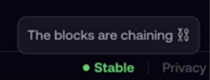 The image shows a dark interface message reading "The blocks are chaining" with a chain link emoji, accompanied by a green "Stable" status indicator and a "Privacy" label below. This relates to the post about "fomo web" being down, as it appears to be a humorous reference to a website experiencing technical difficulties (blockchain-themed language suggesting connectivity issues or errors).
