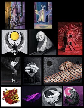 A collage of eleven distinct surreal and abstract paintings featuring various motifs including a tentacled figure, an angel-like form, a red keyhole with an eye, and a hand, available as a 10-edition collection on @objktcom for 10 XTZ as part of #tezostuesday. The grid showcases the artist's diverse acrylic, gouache, and marker works, each rendered in moody, symbolic compositions.