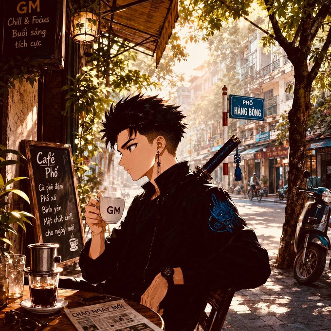 An anime-style illustration of a young man with dark hair drinking from a 'GM' mug at Café Phở in Hà Nội, Vietnam, with a 'PHỐ HÀNG BÔNG' street sign visible.