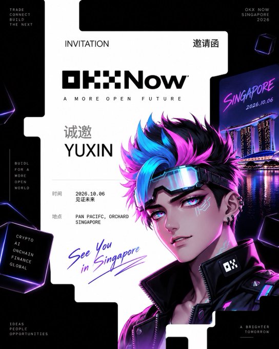 A digital invitation for the OKX NOW Singapore event on 2026.10.06 at Pan Pacific, Orchard, featuring a stylized cyberpunk character with pink and blue hair, addressed to YUXIN with 'See You in Singapore' in script.