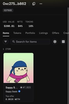 A screenshot of an NFT marketplace showing a Sappy Seals NFT (#7,623) valued at 0.0626 WETH in a wallet containing 16% tokens.