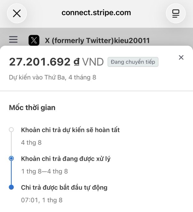 A Stripe payout tracking page for X (formerly Twitter) account 'kieu20011' showing 27,201,692 VND being processed, with a Vietnamese timeline ('Mốc thời gian') indicating payout completion expected on Tuesday, August 4th.