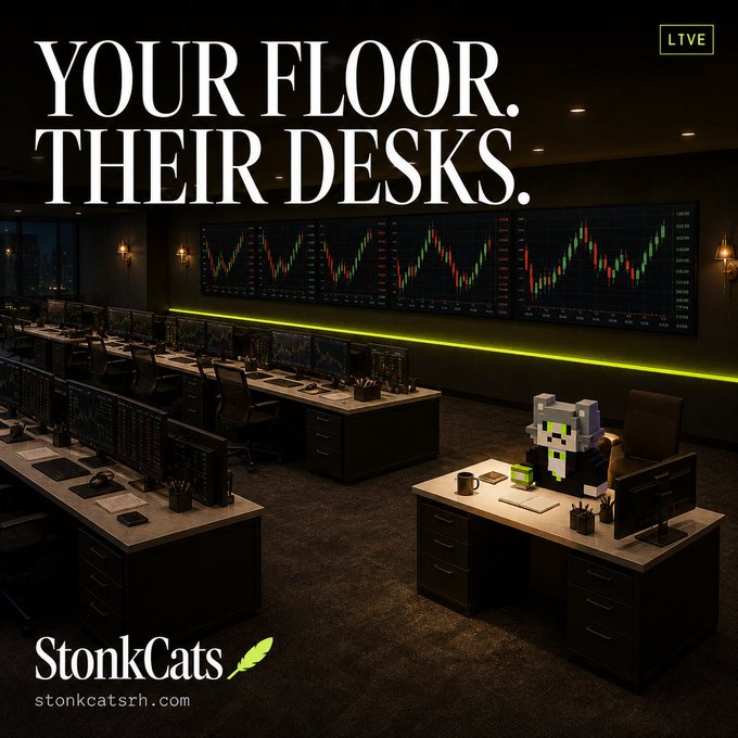 A promotional image for StonkCats (stonkcatsrh.com) featuring a voxel-style cat character in a suit at a desk in a trading floor, with the text 'YOUR FLOOR. THEIR DESKS.' and 'LIVE' badge.