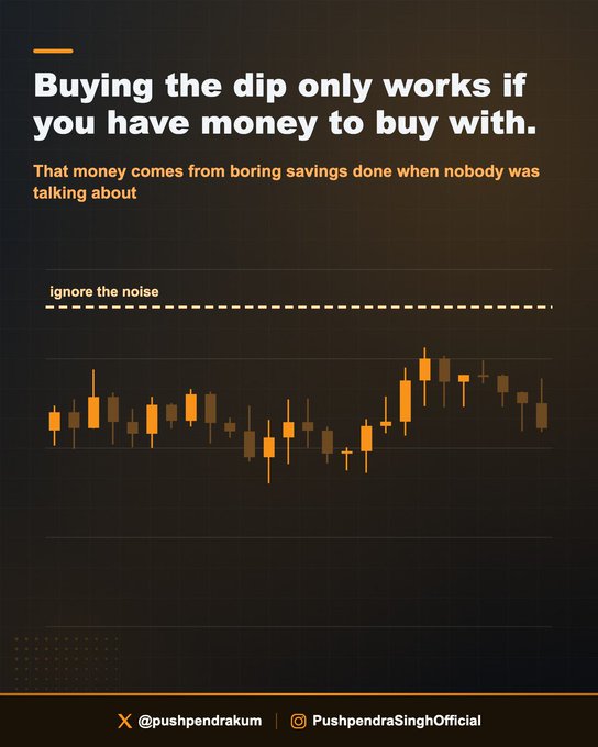 The image is a motivational finance graphic with a dark background featuring an orange candlestick chart trending upward. The main text reads, "Buying the dip only works if you have money to buy with," with smaller text below stating, "That money comes from boring savings done when nobody was talking about" and "ignore the noise." It reinforces the post's message by visually emphasizing that successful investing requires disciplined savings made during quiet market periods, not just opportunistic buying during downturns.