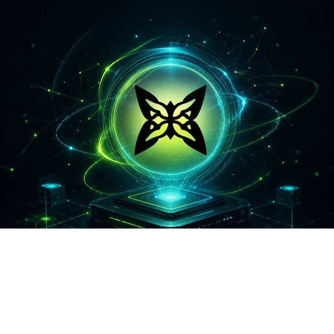 A digital illustration featuring a black butterfly symbol glowing in yellow-green, centered within concentric circular rings and a network of green and blue connecting lines, hovering above a futuristic illuminated platform.