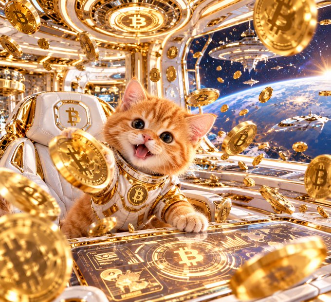An AI-generated image of an orange tabby kitten dressed as an astronaut in golden spacesuit, surrounded by floating Bitcoin coins, sitting in a luxurious space capsule with Earth and spaceships visible through the windows.