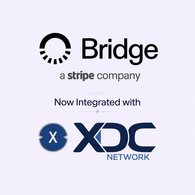 A promotional graphic announcing that Bridge, a Stripe company, is now integrated with the XDC Network.