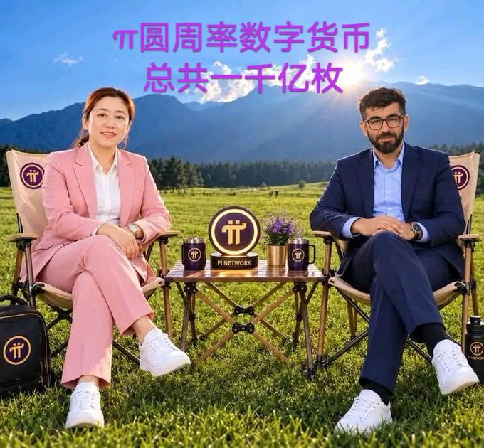 A promotional image featuring a man and a woman seated in a grassy field with mountains in the background, surrounded by Pi Network merchandise. Purple Chinese text reads 'π圆周率数字货币 总共一千亿枚' (Pi Network digital currency, totaling 100 billion coins).