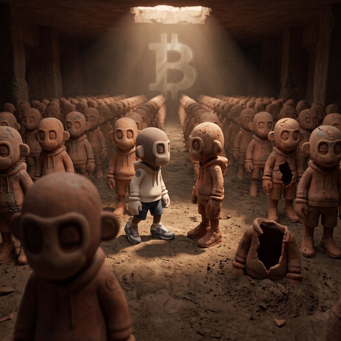 An AI-generated artwork showing an ape character standing in a spotlight, surrounded by rows of identical clay-like ape figures in a dark cavern, with a Bitcoin symbol glowing on the back wall.
