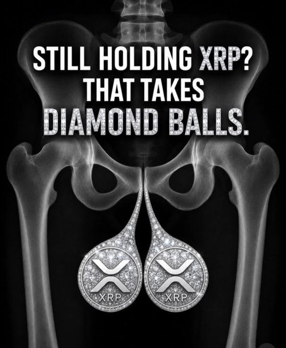 A meme with an X-ray image of a human pelvis overlaid with text reading 'STILL HOLDING XRP? THAT TAKES DIAMOND BALLS.' and two diamond-encrusted XRP logos positioned as testicles.