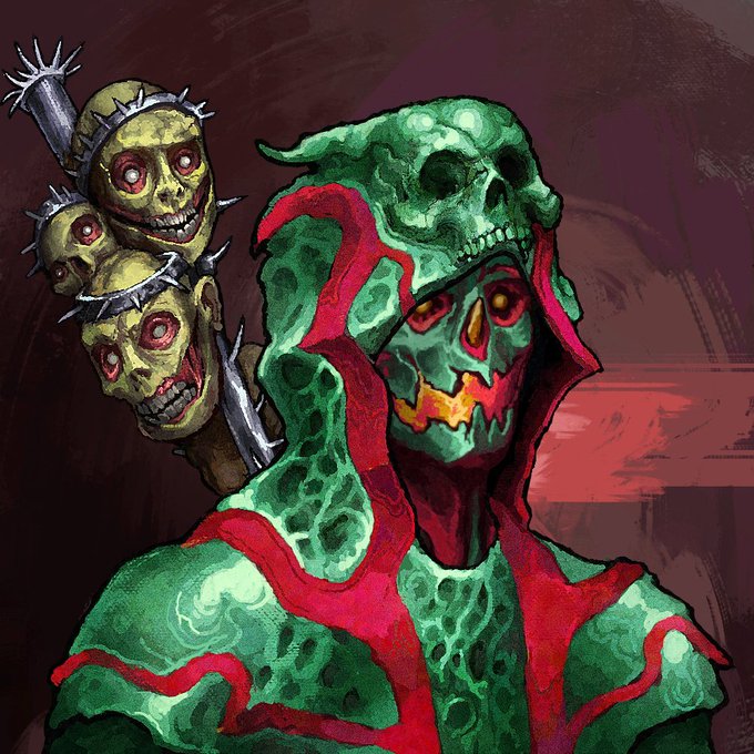 A dark fantasy digital illustration depicting a green-skinned undead figure wearing a skull helmet and a spiked staff topped with smaller skulls, set against a reddish background.