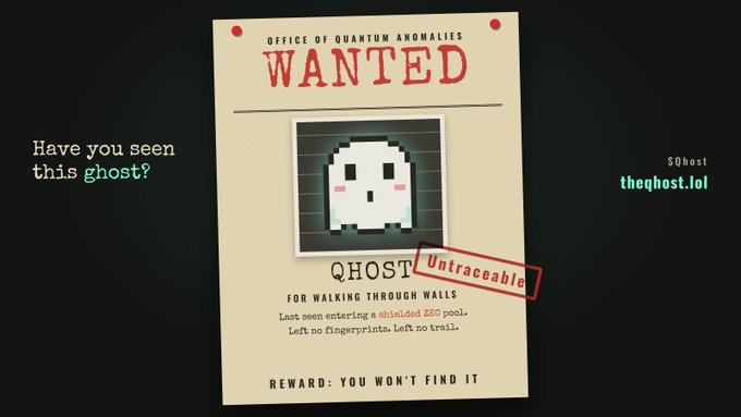 A wanted poster from the 'Office of Quantum Anomalies' for a 'QHOST' who walks through walls, last seen entering a shielded Z80 pool, with the URL 'theqhost.lol' and the text 'Untraceable' and 'REWARD: YOU WON'T FIND IT.'