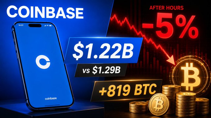 A graphic shows 'COINBASE' with an after-hours drop of '-5%', revenue of '$1.22B vs $1.29B', and '+819 BTC' alongside Bitcoin coins.