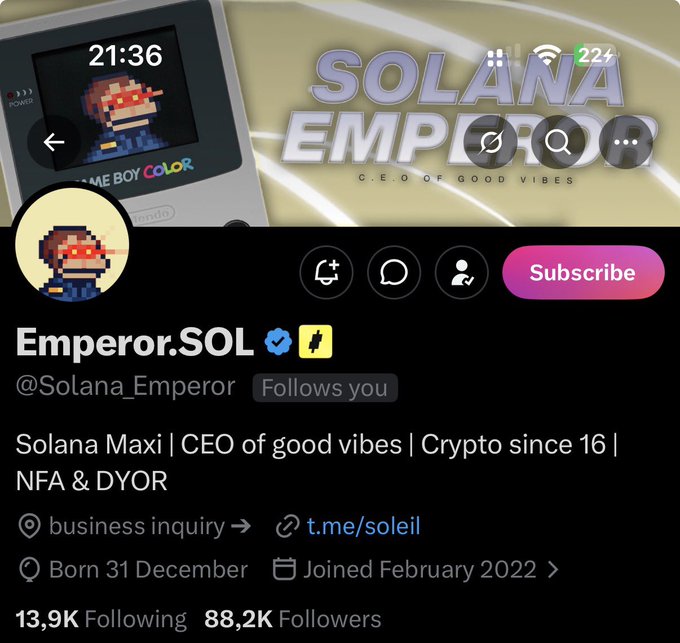 A Twitter/X profile for 'Emperor.SOL' (@Solana_Emperor) describing themselves as 'Solana Maxi | CEO of good vibes | Crypto since 16', with 13.9K Following and 88.2K Followers.