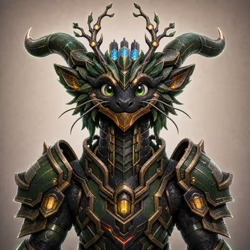 A detailed digital illustration of an anthropomorphic feline warrior in ornate green and gold armor with large curved horns and antler-like protrusions, glowing with cyan energy.