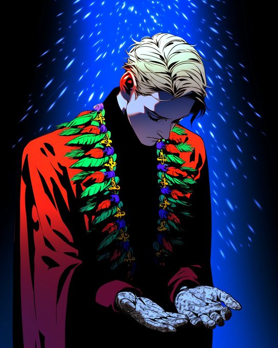 An anime-style illustration of a character with blonde and dark hair, wearing a red and black outfit with a colorful leafy lei, looking down with closed eyes against a blue sparkling background.