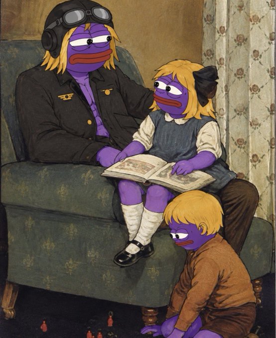 A painted image styled like a classical portrait depicts three purple humanoid characters with blonde hair; an adult wears a pilot's cap and goggles, sitting in a chair with a child on their lap reading a book, while another child plays nearby.