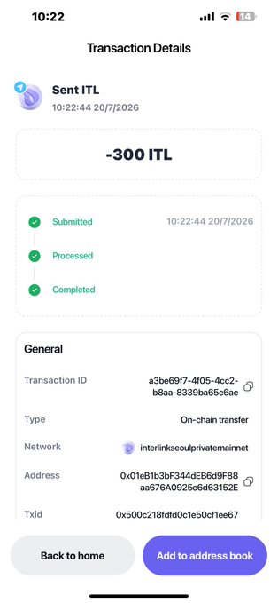 Mobile transaction details screen showing a completed transfer of -300 ITL on the Interlinkseoulprivatemainnet blockchain.