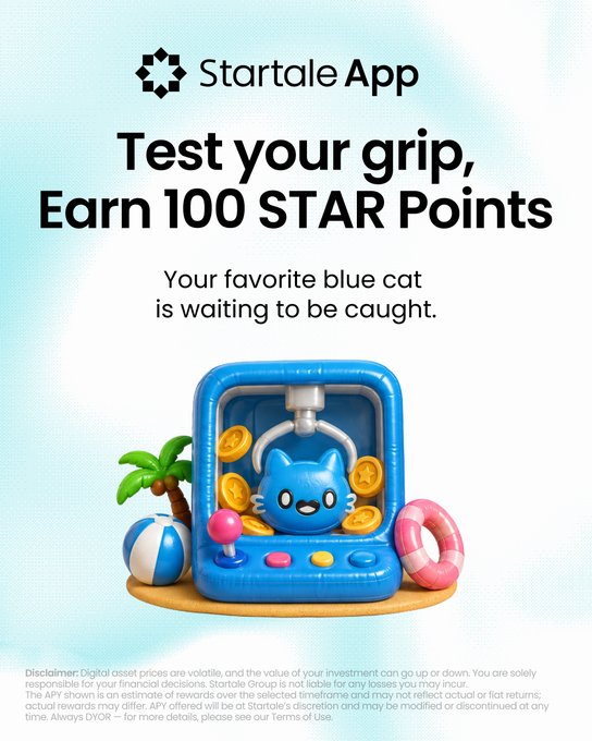 Startale App promotional graphic reading 'Test your grip, Earn 100 STAR Points,' featuring a 3D blue cat character inside a claw machine with coins, palm tree, beach ball, and swim ring, accompanied by a digital asset disclaimer.