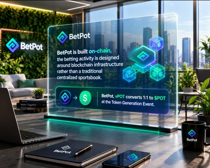 A promotional image for BetPot displayed as a transparent screen on a desk, with text explaining that 'BetPot is built on-chain, the betting activity is designed around blockchain infrastructure rather than a traditional centralized sportsbook' and that 'BetPot vPOT converts 1:1 to $POT at the Token Generation Event.'