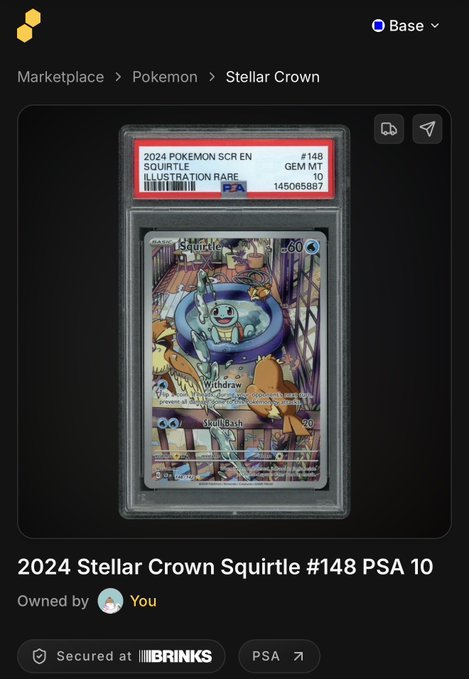 A digital marketplace listing for a "2024 Stellar Crown Squirtle #148 PSA 10" Pokémon card secured at BRINKS, with the card labeled "ILLUSTRATION RARE" and "GEM MT 10".